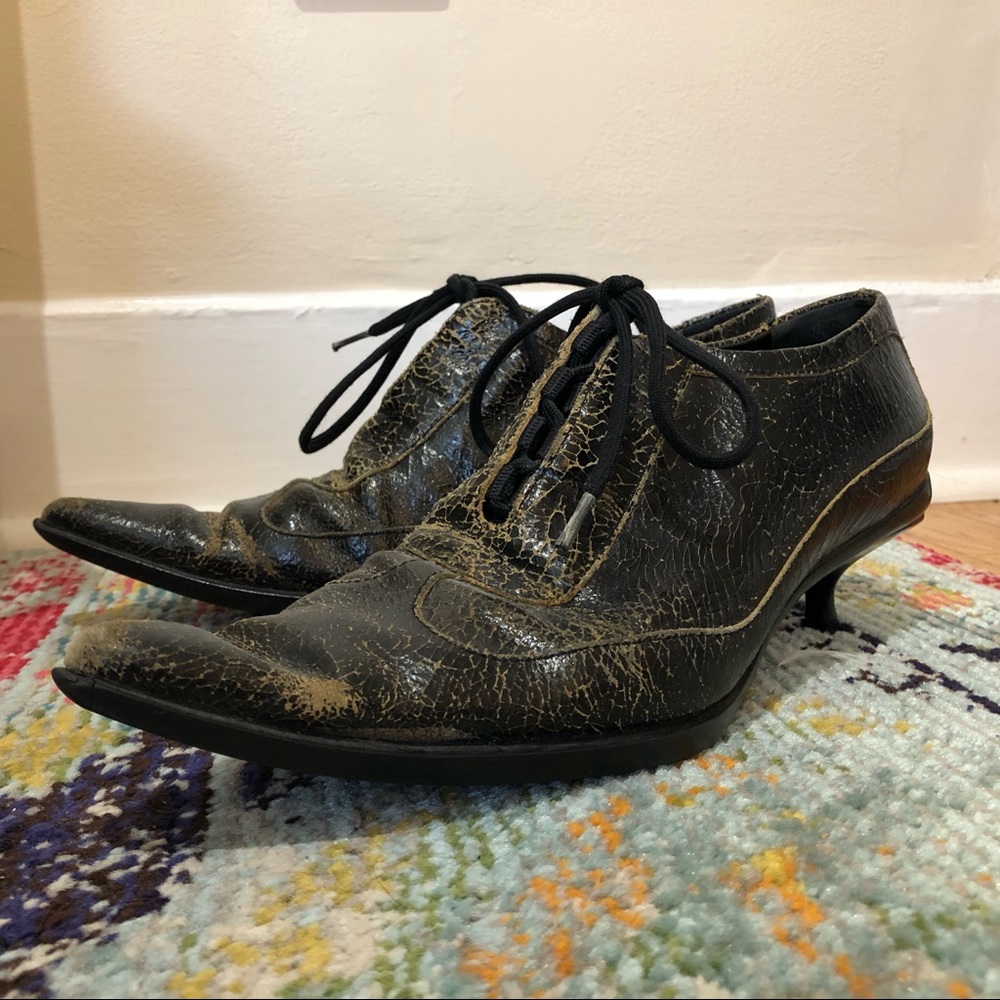 Miu Miu Leather Distressed Kitten Heel Oxfords